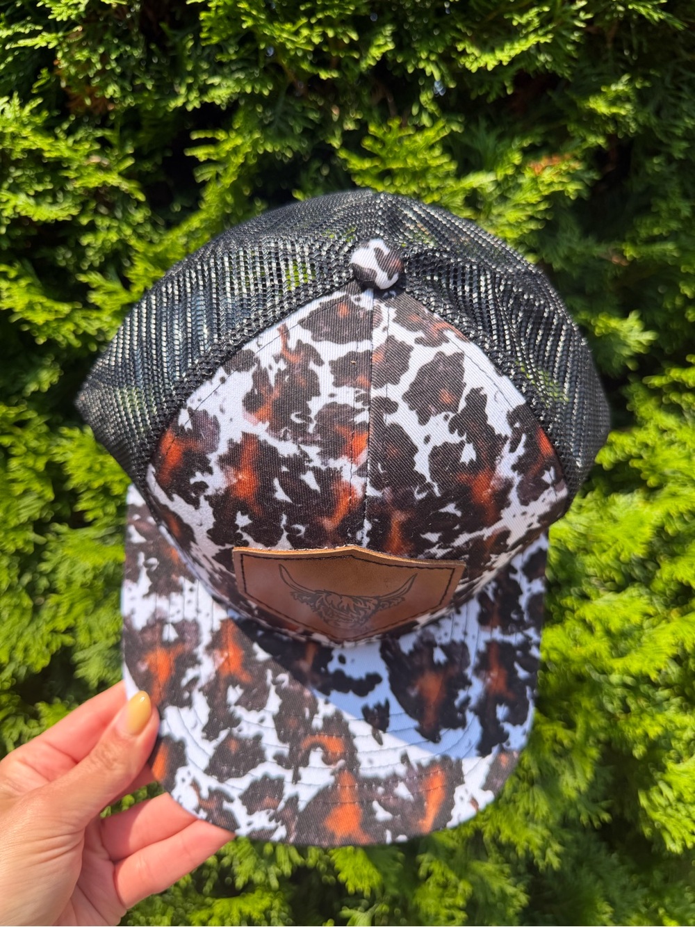 Cowhide Print Trucker Cap with Leather Highland Cow Patch - Black & Brown - Picture 7 of 8